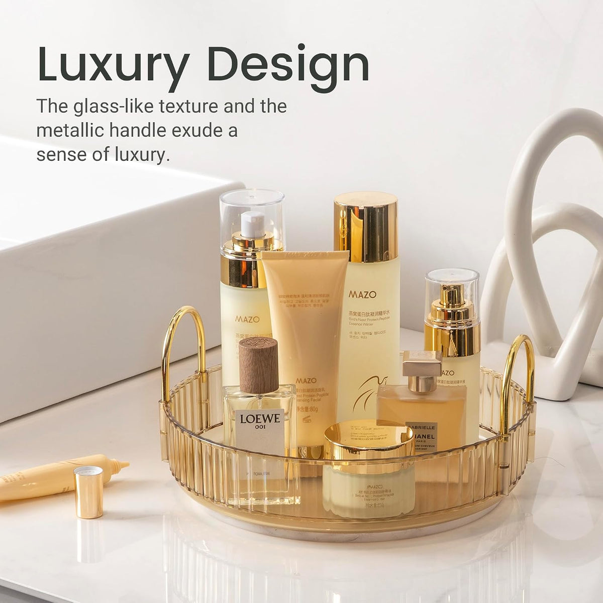 3-Tier 360° Rotating Makeup Organizer, Clear Spinning Perfume Cosmetic Storage for Vanity Countertop, Sturdy Metal Pole Skincare Holder Stand for Bathroom Dresser, White