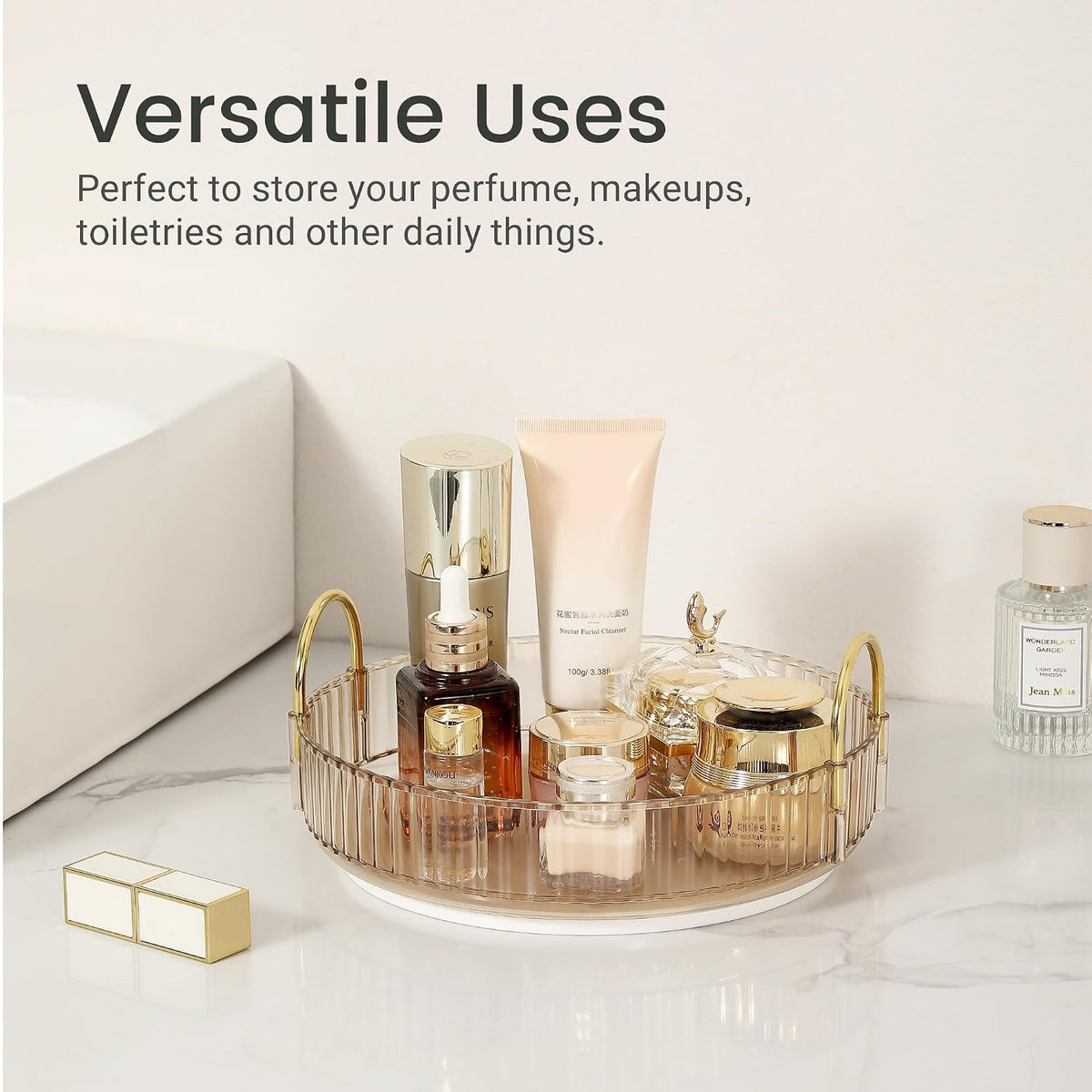 3-Tier 360° Rotating Makeup Organizer, Clear Spinning Perfume Cosmetic Storage for Vanity Countertop, Sturdy Metal Pole Skincare Holder Stand for Bathroom Dresser, White