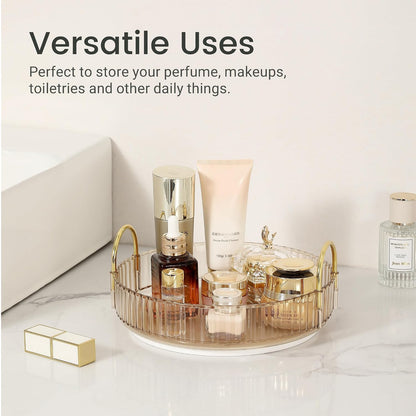 3-Tier 360° Rotating Makeup Organizer, Clear Spinning Perfume Cosmetic Storage for Vanity Countertop, Sturdy Metal Pole Skincare Holder Stand for Bathroom Dresser, White