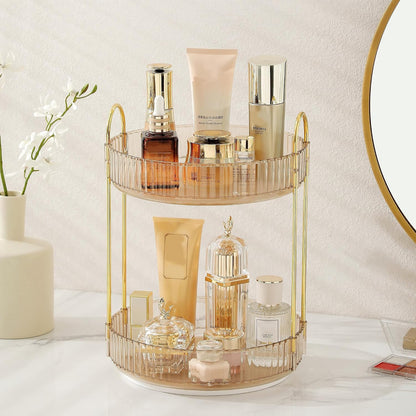 3-Tier 360° Rotating Makeup Organizer, Clear Spinning Perfume Cosmetic Storage for Vanity Countertop, Sturdy Metal Pole Skincare Holder Stand for Bathroom Dresser, White