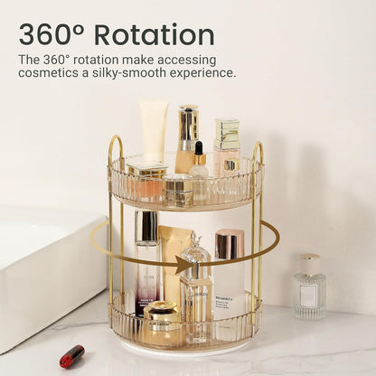 3-Tier 360° Rotating Makeup Organizer, Clear Spinning Perfume Cosmetic Storage for Vanity Countertop, Sturdy Metal Pole Skincare Holder Stand for Bathroom Dresser, White