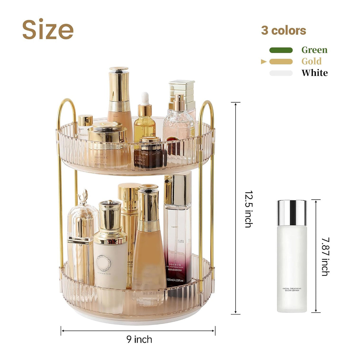 3-Tier 360° Rotating Makeup Organizer, Clear Spinning Perfume Cosmetic Storage for Vanity Countertop, Sturdy Metal Pole Skincare Holder Stand for Bathroom Dresser, White