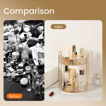 3-Tier 360° Rotating Makeup Organizer, Clear Spinning Perfume Cosmetic Storage for Vanity Countertop, Sturdy Metal Pole Skincare Holder Stand for Bathroom Dresser, White