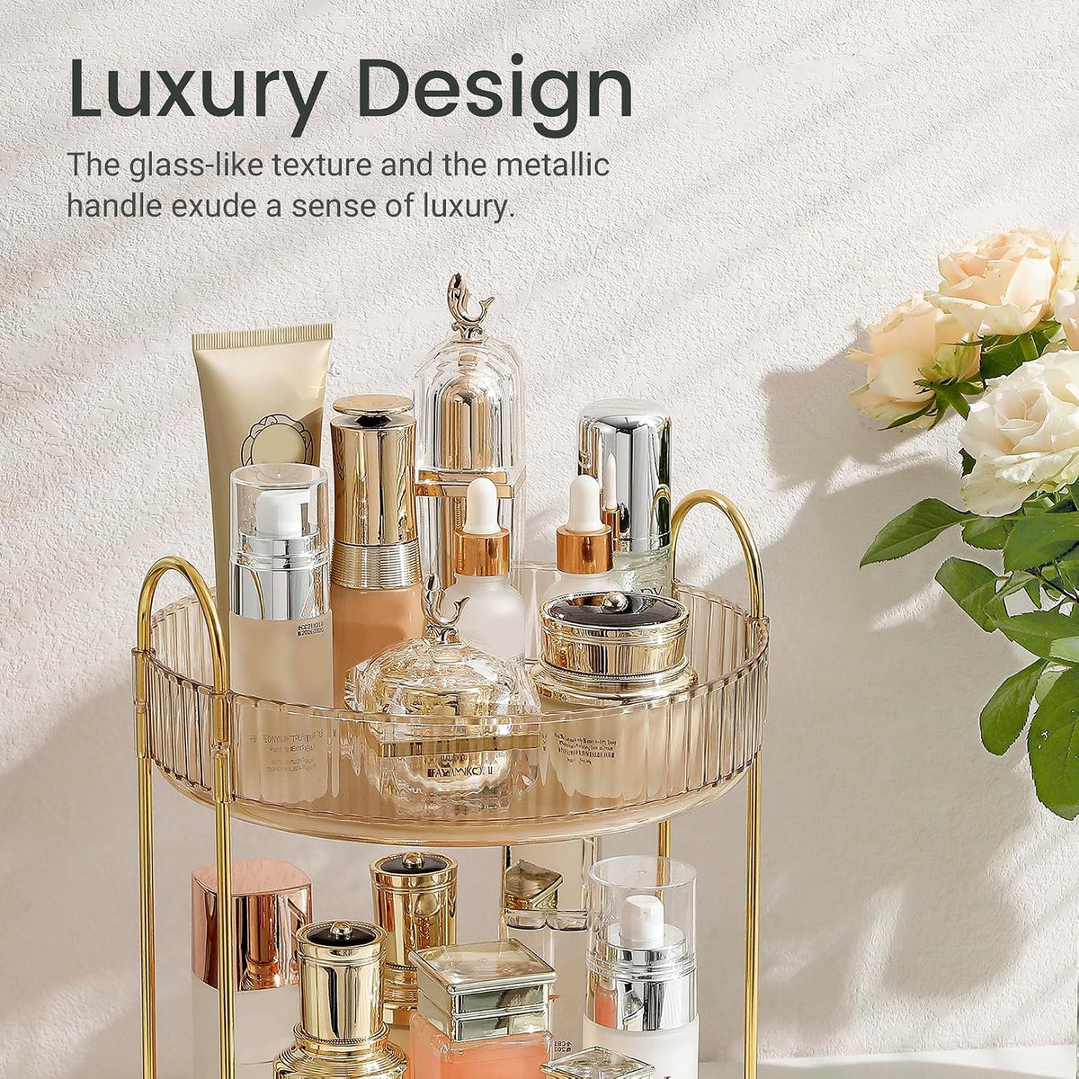 3-Tier 360° Rotating Makeup Organizer, Clear Spinning Perfume Cosmetic Storage for Vanity Countertop, Sturdy Metal Pole Skincare Holder Stand for Bathroom Dresser, White
