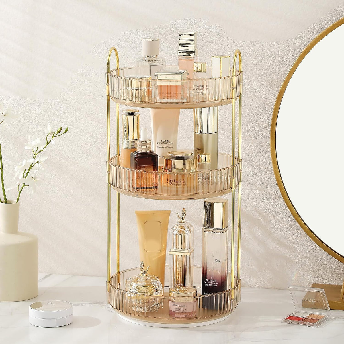 3-Tier 360° Rotating Makeup Organizer, Clear Spinning Perfume Cosmetic Storage for Vanity Countertop, Sturdy Metal Pole Skincare Holder Stand for Bathroom Dresser, White