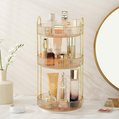 3-Tier 360° Rotating Makeup Organizer, Clear Spinning Perfume Cosmetic Storage for Vanity Countertop, Sturdy Metal Pole Skincare Holder Stand for Bathroom Dresser, White