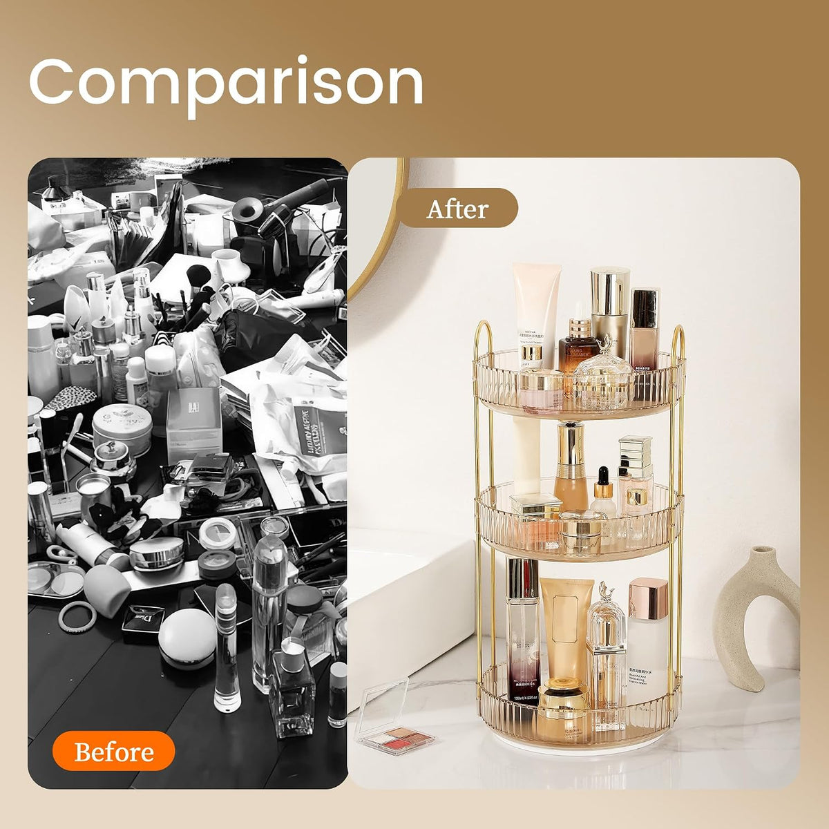 3-Tier 360° Rotating Makeup Organizer, Clear Spinning Perfume Cosmetic Storage for Vanity Countertop, Sturdy Metal Pole Skincare Holder Stand for Bathroom Dresser, White