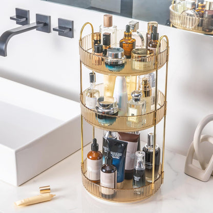 3-Tier 360° Rotating Makeup Organizer, Clear Spinning Perfume Cosmetic Storage for Vanity Countertop, Sturdy Metal Pole Skincare Holder Stand for Bathroom Dresser, White