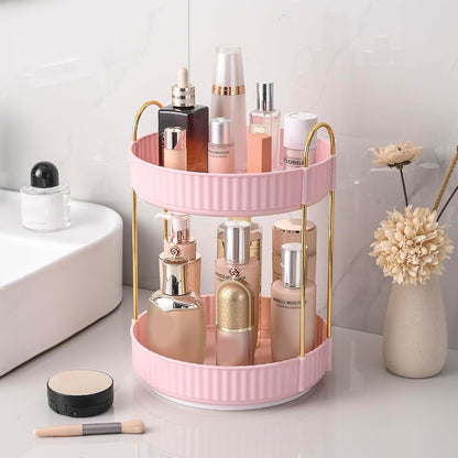3-Tier 360° Rotating Makeup Organizer, Clear Spinning Perfume Cosmetic Storage for Vanity Countertop, Sturdy Metal Pole Skincare Holder Stand for Bathroom Dresser, White