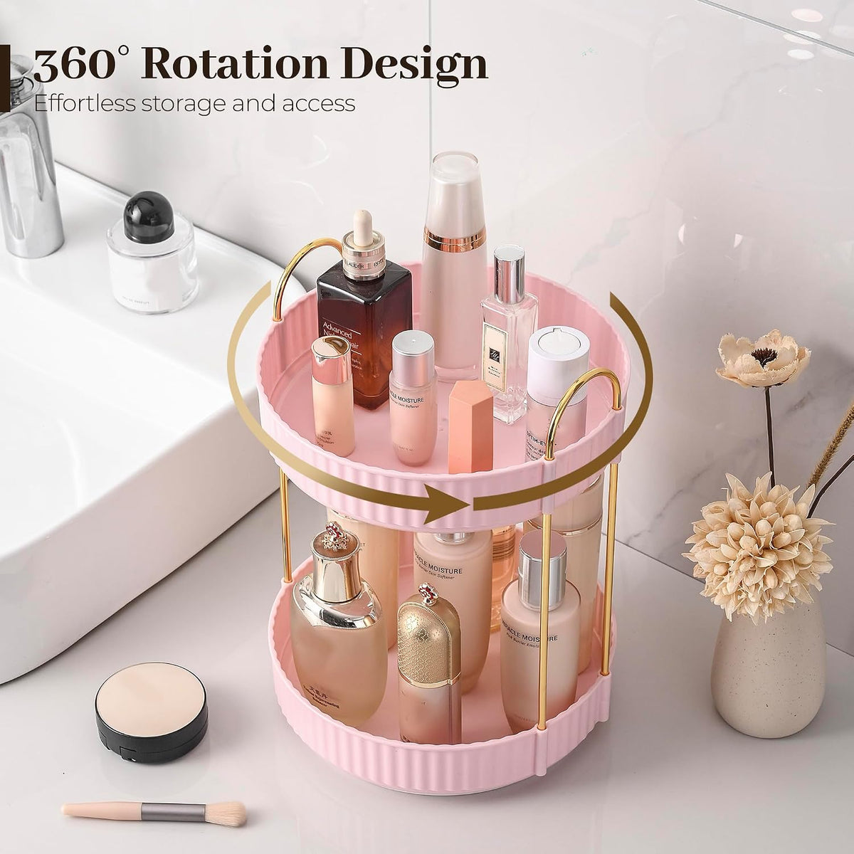3-Tier 360° Rotating Makeup Organizer, Clear Spinning Perfume Cosmetic Storage for Vanity Countertop, Sturdy Metal Pole Skincare Holder Stand for Bathroom Dresser, White