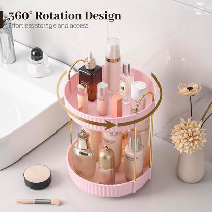 3-Tier 360° Rotating Makeup Organizer, Clear Spinning Perfume Cosmetic Storage for Vanity Countertop, Sturdy Metal Pole Skincare Holder Stand for Bathroom Dresser, White