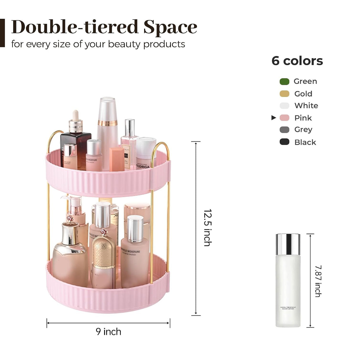 3-Tier 360° Rotating Makeup Organizer, Clear Spinning Perfume Cosmetic Storage for Vanity Countertop, Sturdy Metal Pole Skincare Holder Stand for Bathroom Dresser, White