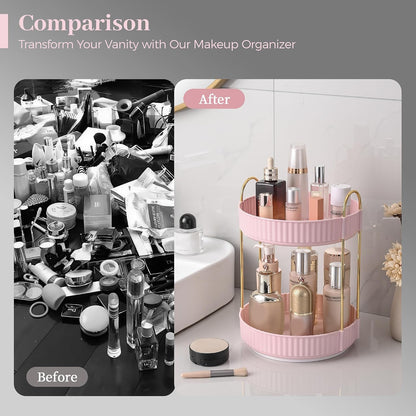3-Tier 360° Rotating Makeup Organizer, Clear Spinning Perfume Cosmetic Storage for Vanity Countertop, Sturdy Metal Pole Skincare Holder Stand for Bathroom Dresser, White