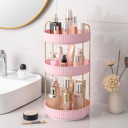 3-Tier 360° Rotating Makeup Organizer, Clear Spinning Perfume Cosmetic Storage for Vanity Countertop, Sturdy Metal Pole Skincare Holder Stand for Bathroom Dresser, White