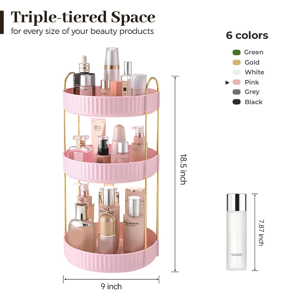 3-Tier 360° Rotating Makeup Organizer, Clear Spinning Perfume Cosmetic Storage for Vanity Countertop, Sturdy Metal Pole Skincare Holder Stand for Bathroom Dresser, White