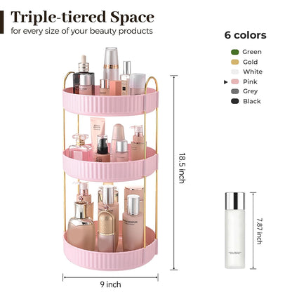 3-Tier 360° Rotating Makeup Organizer, Clear Spinning Perfume Cosmetic Storage for Vanity Countertop, Sturdy Metal Pole Skincare Holder Stand for Bathroom Dresser, White