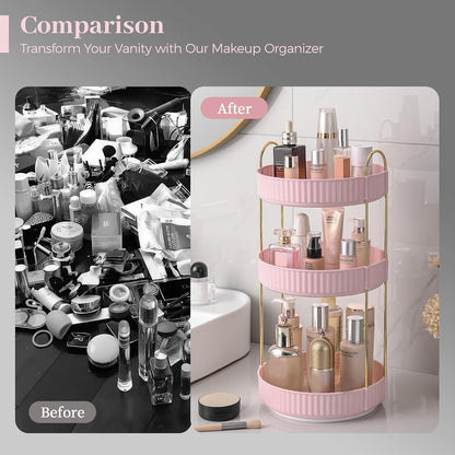 3-Tier 360° Rotating Makeup Organizer, Clear Spinning Perfume Cosmetic Storage for Vanity Countertop, Sturdy Metal Pole Skincare Holder Stand for Bathroom Dresser, White