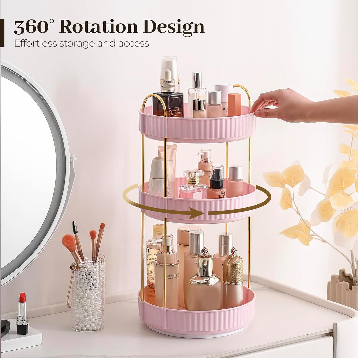 3-Tier 360° Rotating Makeup Organizer, Clear Spinning Perfume Cosmetic Storage for Vanity Countertop, Sturdy Metal Pole Skincare Holder Stand for Bathroom Dresser, White
