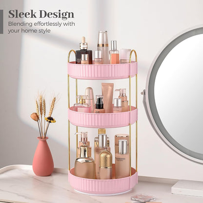 3-Tier 360° Rotating Makeup Organizer, Clear Spinning Perfume Cosmetic Storage for Vanity Countertop, Sturdy Metal Pole Skincare Holder Stand for Bathroom Dresser, White