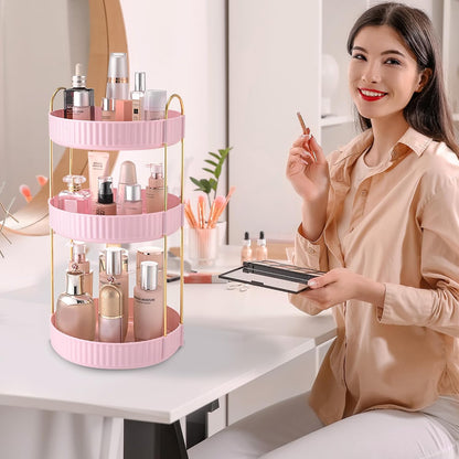 3-Tier 360° Rotating Makeup Organizer, Clear Spinning Perfume Cosmetic Storage for Vanity Countertop, Sturdy Metal Pole Skincare Holder Stand for Bathroom Dresser, White