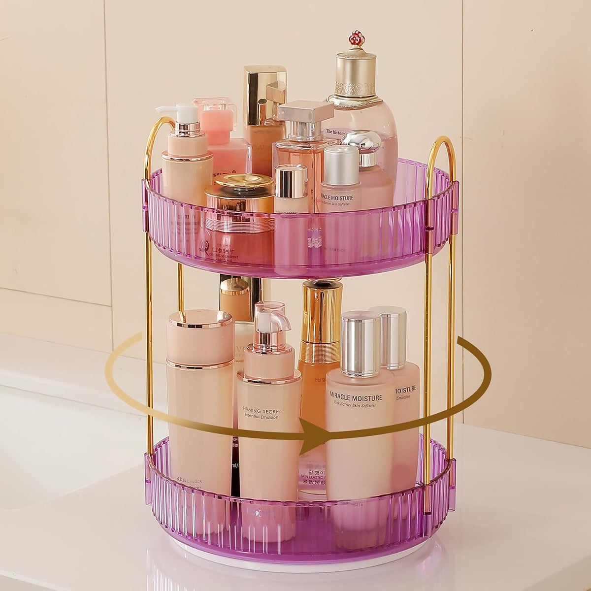 3-Tier 360° Rotating Makeup Organizer, Clear Spinning Perfume Cosmetic Storage for Vanity Countertop, Sturdy Metal Pole Skincare Holder Stand for Bathroom Dresser, White