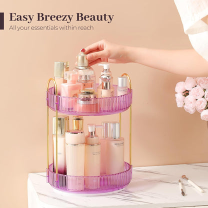 3-Tier 360° Rotating Makeup Organizer, Clear Spinning Perfume Cosmetic Storage for Vanity Countertop, Sturdy Metal Pole Skincare Holder Stand for Bathroom Dresser, White
