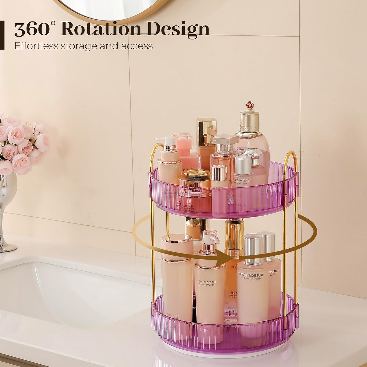 3-Tier 360° Rotating Makeup Organizer, Clear Spinning Perfume Cosmetic Storage for Vanity Countertop, Sturdy Metal Pole Skincare Holder Stand for Bathroom Dresser, White