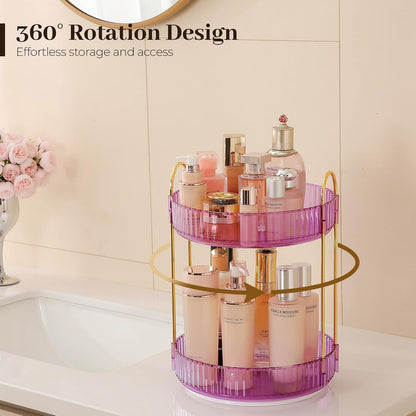 3-Tier 360° Rotating Makeup Organizer, Clear Spinning Perfume Cosmetic Storage for Vanity Countertop, Sturdy Metal Pole Skincare Holder Stand for Bathroom Dresser, White