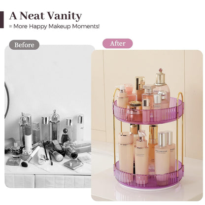 3-Tier 360° Rotating Makeup Organizer, Clear Spinning Perfume Cosmetic Storage for Vanity Countertop, Sturdy Metal Pole Skincare Holder Stand for Bathroom Dresser, White