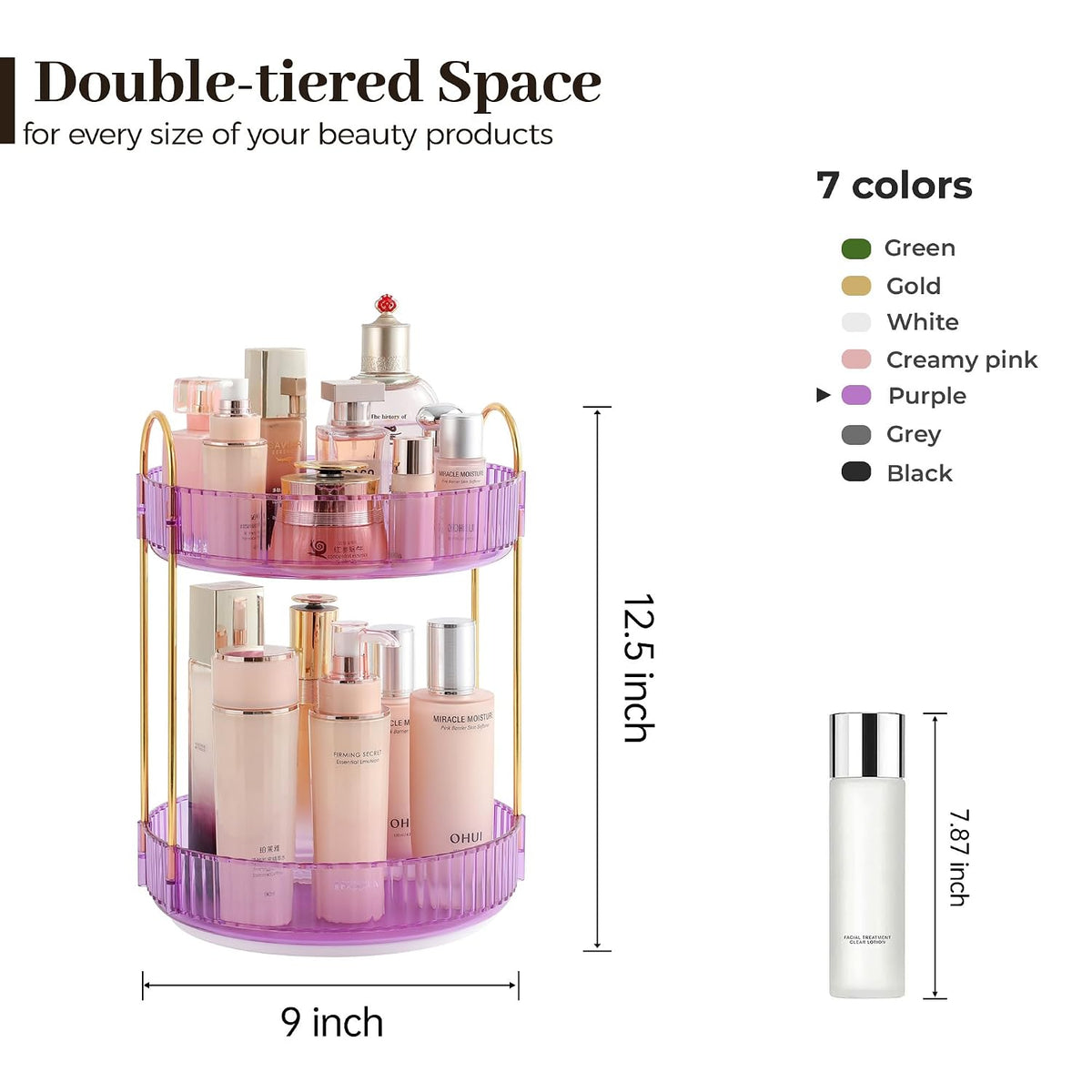 3-Tier 360° Rotating Makeup Organizer, Clear Spinning Perfume Cosmetic Storage for Vanity Countertop, Sturdy Metal Pole Skincare Holder Stand for Bathroom Dresser, White