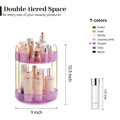 3-Tier 360° Rotating Makeup Organizer, Clear Spinning Perfume Cosmetic Storage for Vanity Countertop, Sturdy Metal Pole Skincare Holder Stand for Bathroom Dresser, White