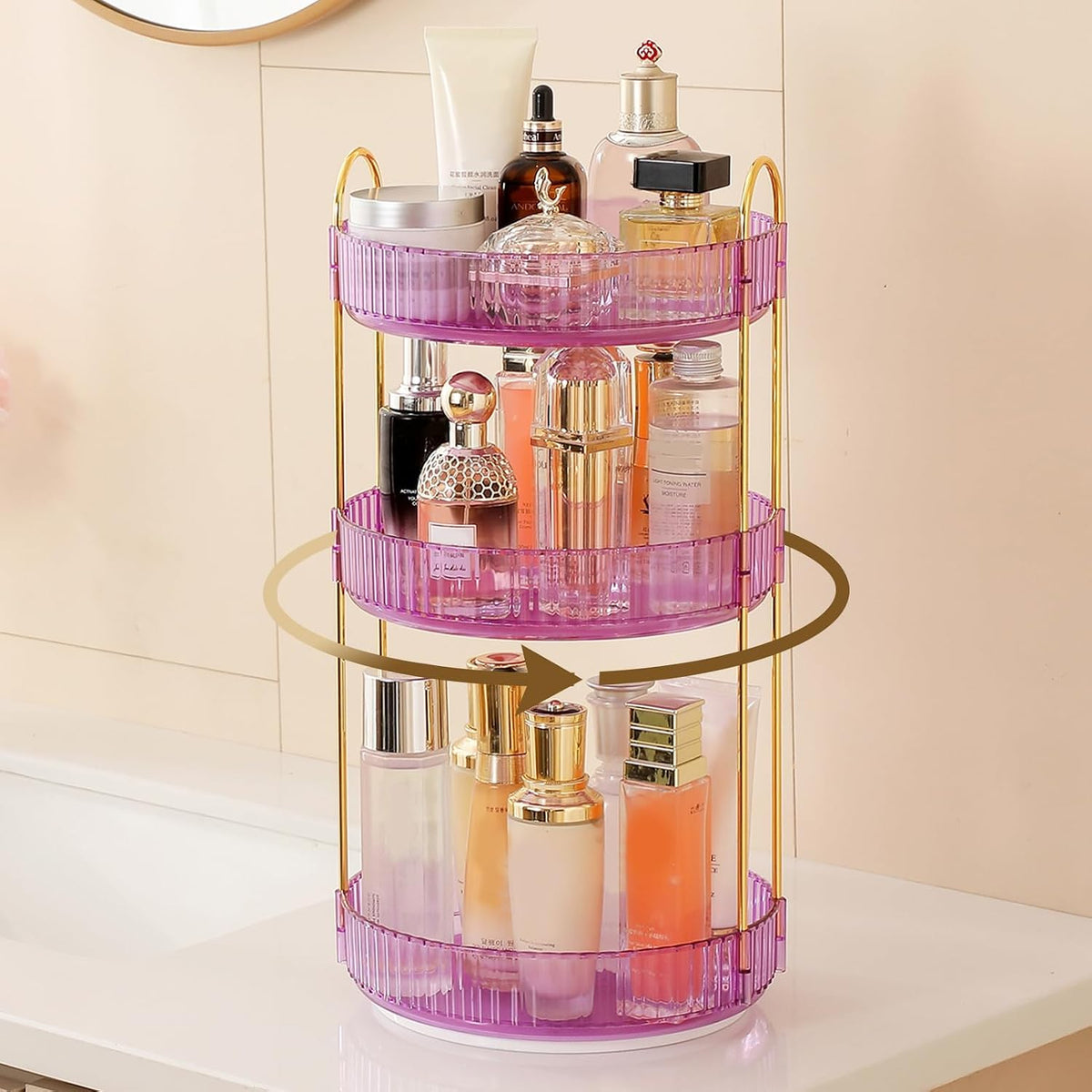 3-Tier 360° Rotating Makeup Organizer, Clear Spinning Perfume Cosmetic Storage for Vanity Countertop, Sturdy Metal Pole Skincare Holder Stand for Bathroom Dresser, White