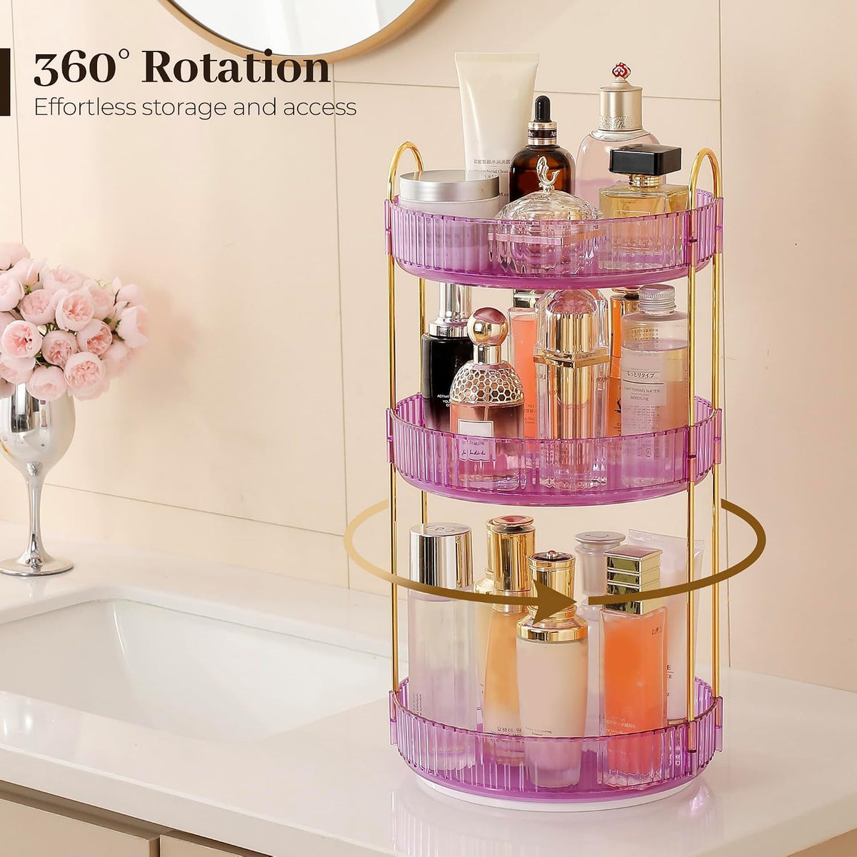 3-Tier 360° Rotating Makeup Organizer, Clear Spinning Perfume Cosmetic Storage for Vanity Countertop, Sturdy Metal Pole Skincare Holder Stand for Bathroom Dresser, White