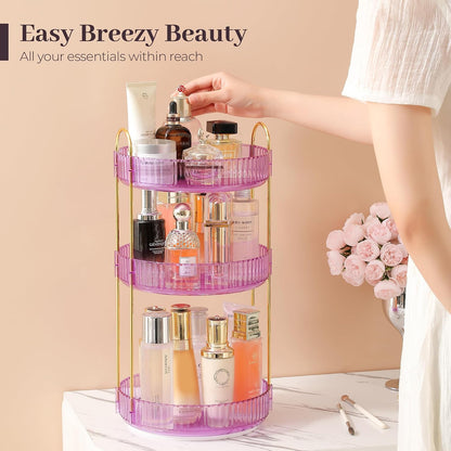 3-Tier 360° Rotating Makeup Organizer, Clear Spinning Perfume Cosmetic Storage for Vanity Countertop, Sturdy Metal Pole Skincare Holder Stand for Bathroom Dresser, White