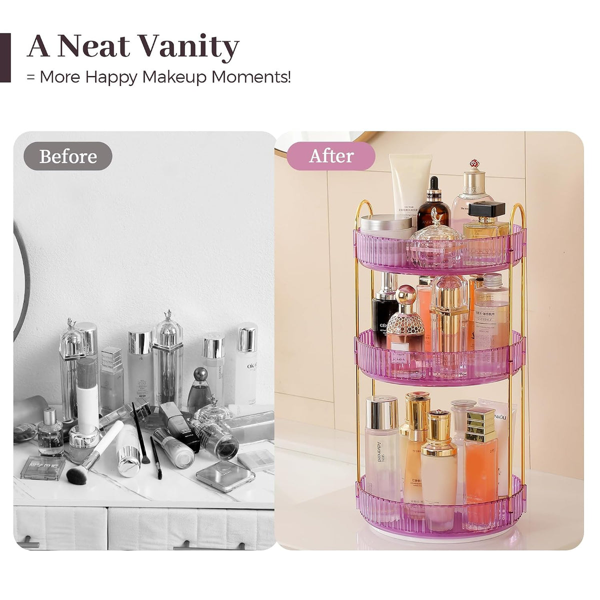 3-Tier 360° Rotating Makeup Organizer, Clear Spinning Perfume Cosmetic Storage for Vanity Countertop, Sturdy Metal Pole Skincare Holder Stand for Bathroom Dresser, White