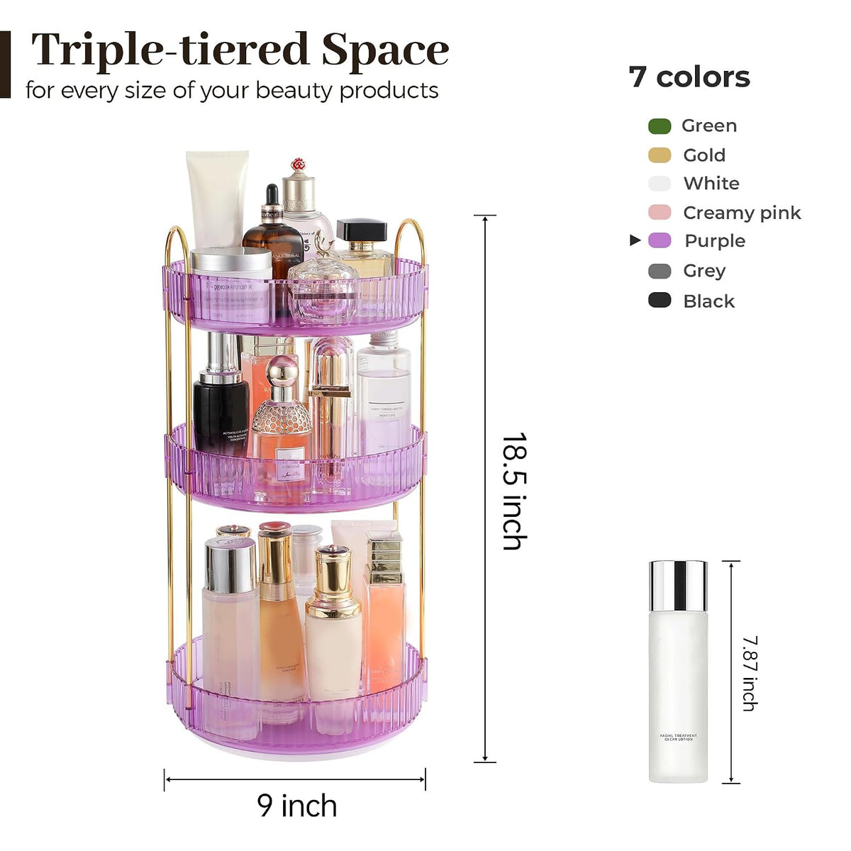 3-Tier 360° Rotating Makeup Organizer, Clear Spinning Perfume Cosmetic Storage for Vanity Countertop, Sturdy Metal Pole Skincare Holder Stand for Bathroom Dresser, White