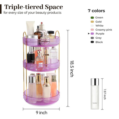 3-Tier 360° Rotating Makeup Organizer, Clear Spinning Perfume Cosmetic Storage for Vanity Countertop, Sturdy Metal Pole Skincare Holder Stand for Bathroom Dresser, White
