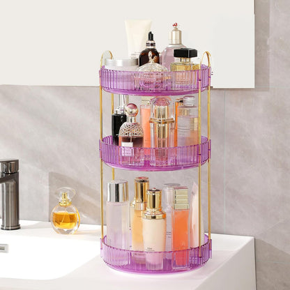 3-Tier 360° Rotating Makeup Organizer, Clear Spinning Perfume Cosmetic Storage for Vanity Countertop, Sturdy Metal Pole Skincare Holder Stand for Bathroom Dresser, White