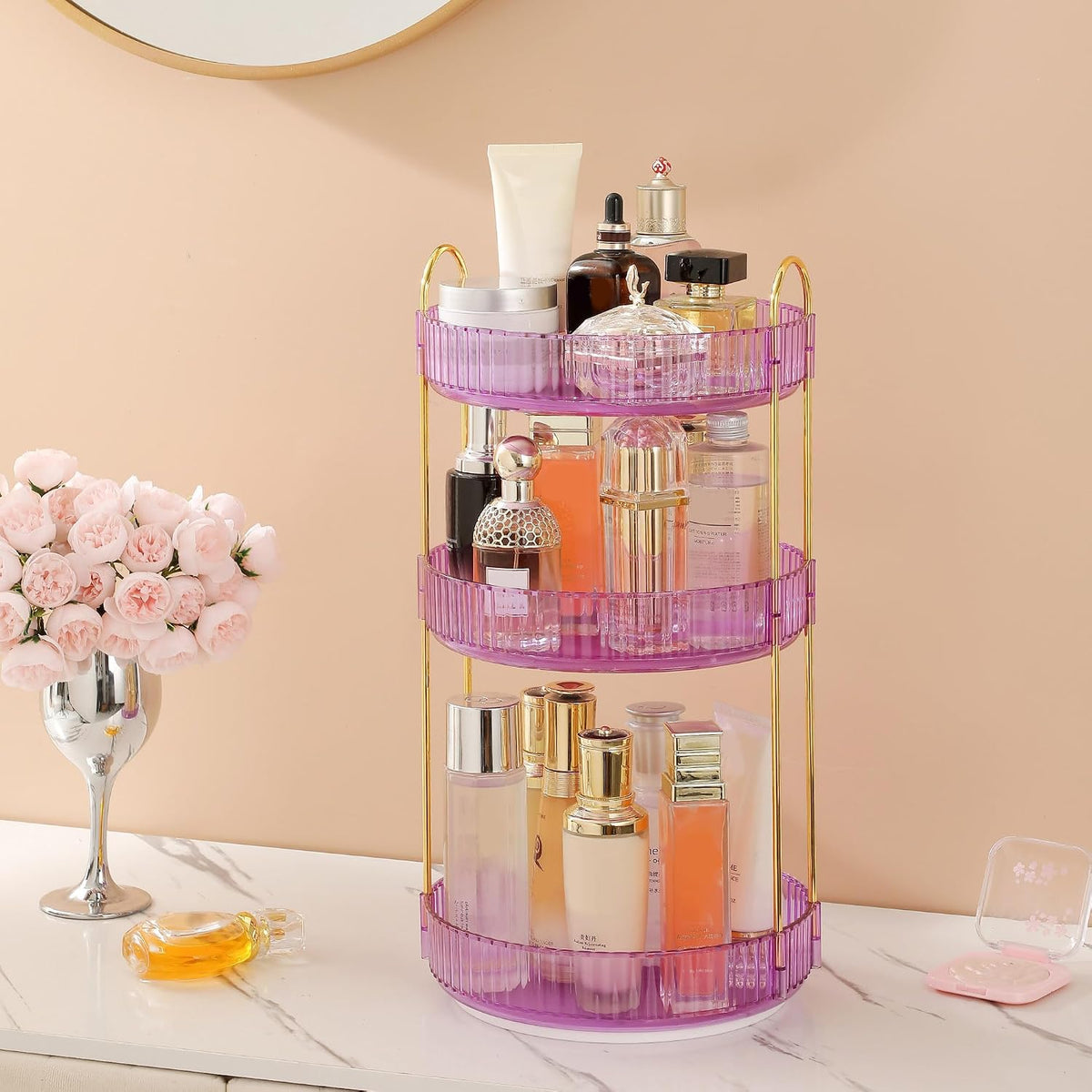 3-Tier 360° Rotating Makeup Organizer, Clear Spinning Perfume Cosmetic Storage for Vanity Countertop, Sturdy Metal Pole Skincare Holder Stand for Bathroom Dresser, White