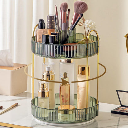 3-Tier 360° Rotating Makeup Organizer, Clear Spinning Perfume Cosmetic Storage for Vanity Countertop, Sturdy Metal Pole Skincare Holder Stand for Bathroom Dresser, White