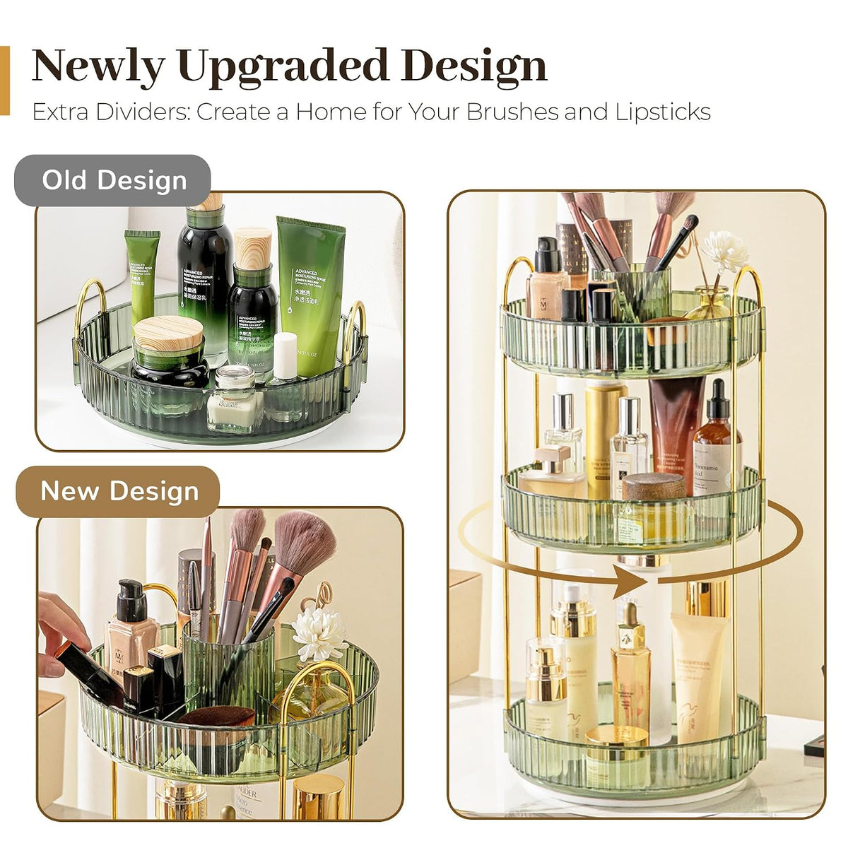 3-Tier 360° Rotating Makeup Organizer, Clear Spinning Perfume Cosmetic Storage for Vanity Countertop, Sturdy Metal Pole Skincare Holder Stand for Bathroom Dresser, White