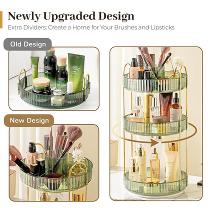 3-Tier 360° Rotating Makeup Organizer, Clear Spinning Perfume Cosmetic Storage for Vanity Countertop, Sturdy Metal Pole Skincare Holder Stand for Bathroom Dresser, White