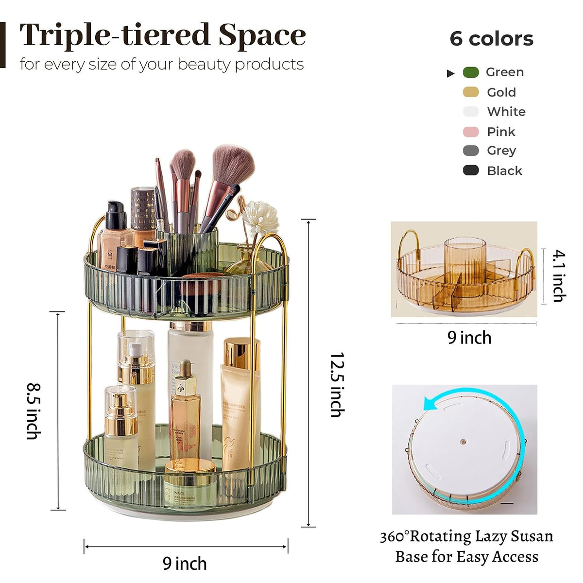 3-Tier 360° Rotating Makeup Organizer, Clear Spinning Perfume Cosmetic Storage for Vanity Countertop, Sturdy Metal Pole Skincare Holder Stand for Bathroom Dresser, White