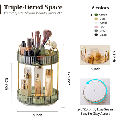 3-Tier 360° Rotating Makeup Organizer, Clear Spinning Perfume Cosmetic Storage for Vanity Countertop, Sturdy Metal Pole Skincare Holder Stand for Bathroom Dresser, White