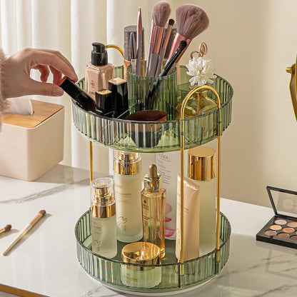 3-Tier 360° Rotating Makeup Organizer, Clear Spinning Perfume Cosmetic Storage for Vanity Countertop, Sturdy Metal Pole Skincare Holder Stand for Bathroom Dresser, White