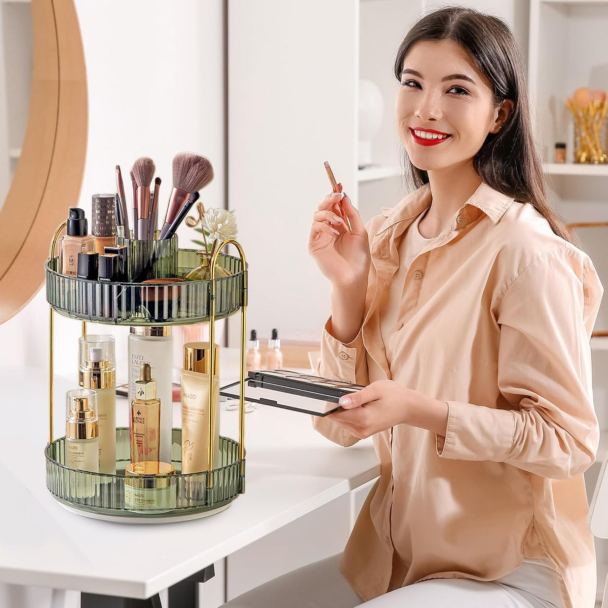 3-Tier 360° Rotating Makeup Organizer, Clear Spinning Perfume Cosmetic Storage for Vanity Countertop, Sturdy Metal Pole Skincare Holder Stand for Bathroom Dresser, White