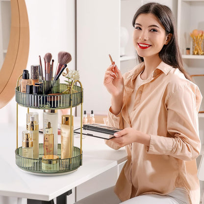 3-Tier 360° Rotating Makeup Organizer, Clear Spinning Perfume Cosmetic Storage for Vanity Countertop, Sturdy Metal Pole Skincare Holder Stand for Bathroom Dresser, White