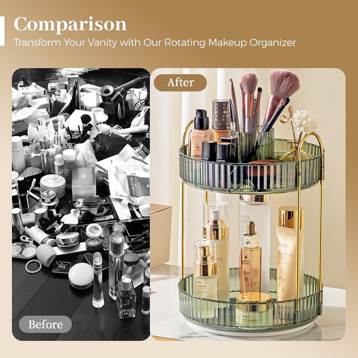 3-Tier 360° Rotating Makeup Organizer, Clear Spinning Perfume Cosmetic Storage for Vanity Countertop, Sturdy Metal Pole Skincare Holder Stand for Bathroom Dresser, White