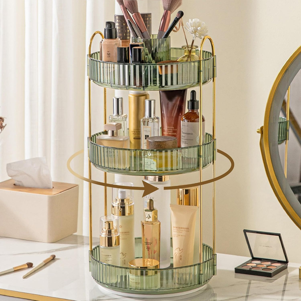 3-Tier 360° Rotating Makeup Organizer, Clear Spinning Perfume Cosmetic Storage for Vanity Countertop, Sturdy Metal Pole Skincare Holder Stand for Bathroom Dresser, White