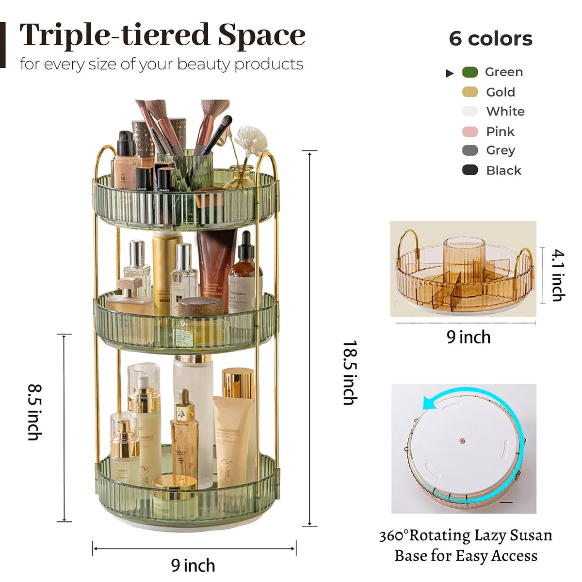 3-Tier 360° Rotating Makeup Organizer, Clear Spinning Perfume Cosmetic Storage for Vanity Countertop, Sturdy Metal Pole Skincare Holder Stand for Bathroom Dresser, White